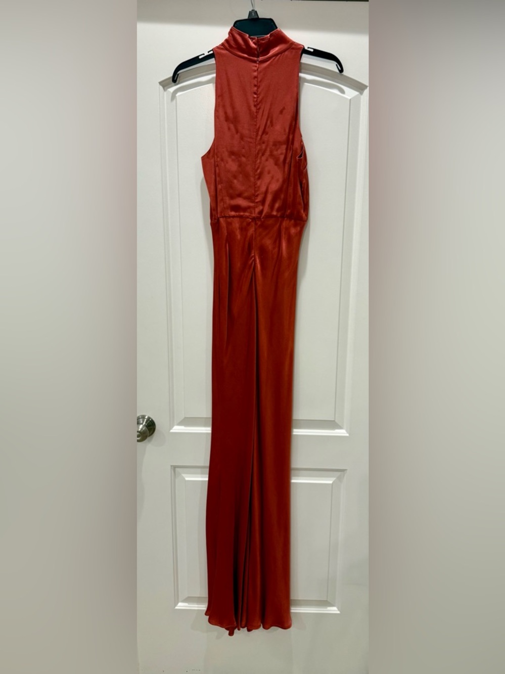 Elegant Terracotta Satin High Neck Sleeveless Gown. - Picture 8 of 9